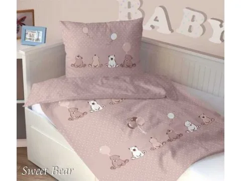 Komplet pościeli satynowej dziecięcej Greno 160x200 Sweet Bear Beż
