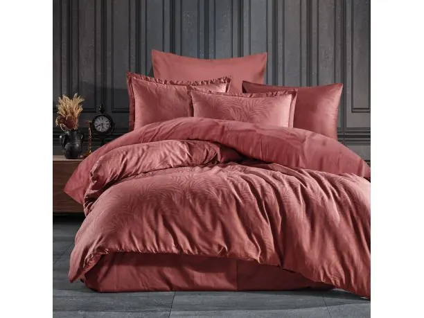 Pościel z satyny bawełnianej Jacquard 160x200+2/70x80/ Arata 2 Luxury cegła liście palmy