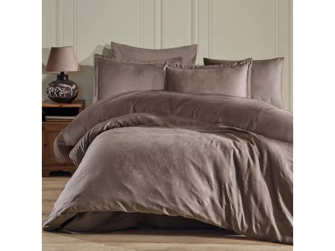 Pościel z satyny bawełnianej żakardowej 160x200+2/70x80/ Sadra Luxury Jacquard brązowe liście