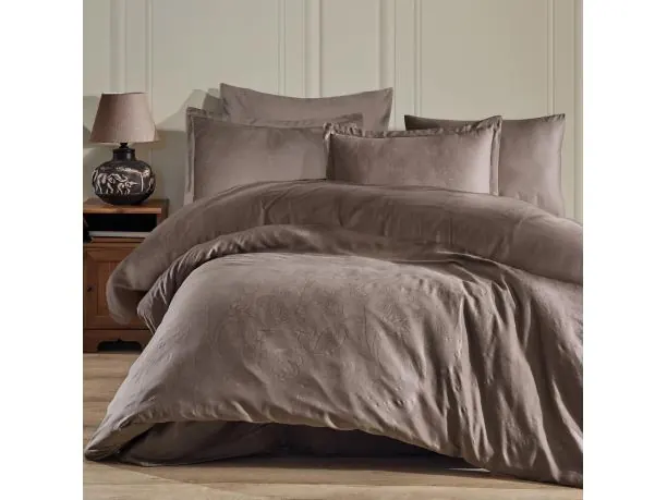 Pościel z satyny bawełnianej żakardowej 220x200+2/70x80/ Sadra Luxury Jacquard brązowe liście