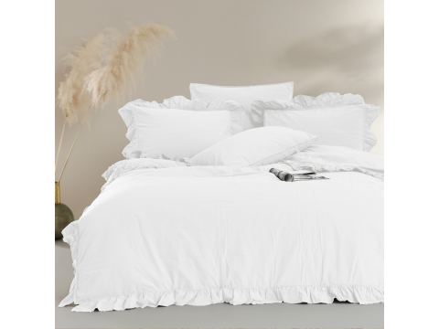 Pościel z bawełny 160x200+2/70x80 z falbanką Optic White Limasso w pudełku bez prasowania  Exclusive biała