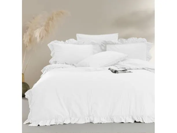 Pościel z bawełny 160x200+2/70x80 z falbanką Optic White Limasso w pudełku bez prasowania Exclusive biała