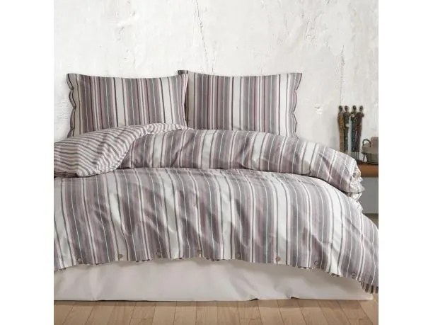 Pościel z bawełny Natural 140x200+1/70x80 Rune białe szare wrzosowe pasy