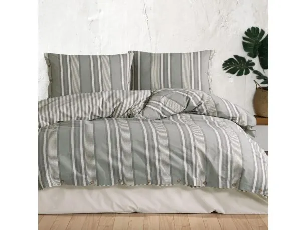 Pościel z bawełny Natural 220x200+2/70x80 Dokya białe szare zielone pasy
