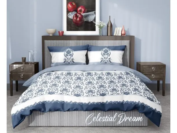 Pościel satynowa 220x200+2/70x80 niebieski wzór celestia Platinium collection