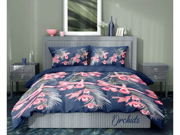 Pościel satynowa 160x200+2/70x80 różowa orchidea Platinium collection orchids
