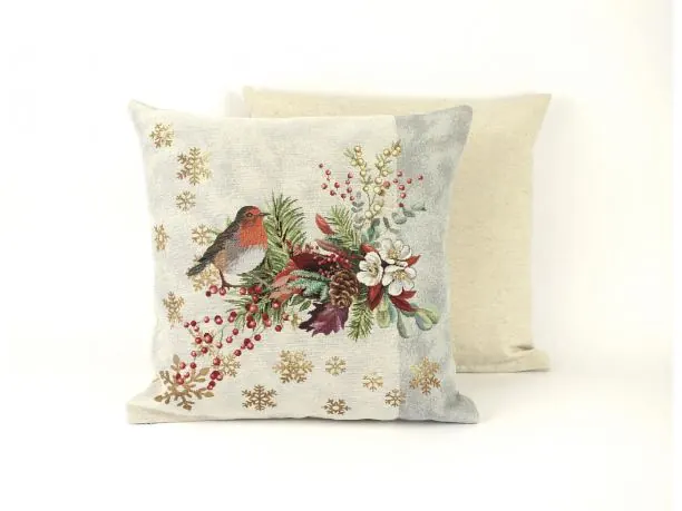 Poszewka świąteczna gobelinowa rudzik świąteczny, szary pas nr sw 252 SlodkieSny 45x45 cm gobelin