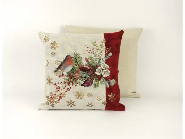 Poszewka świąteczna gobelinowa rudzik świąteczny, bordowy pas nr sw 256 SlodkieSny 45x45 cm gobelin