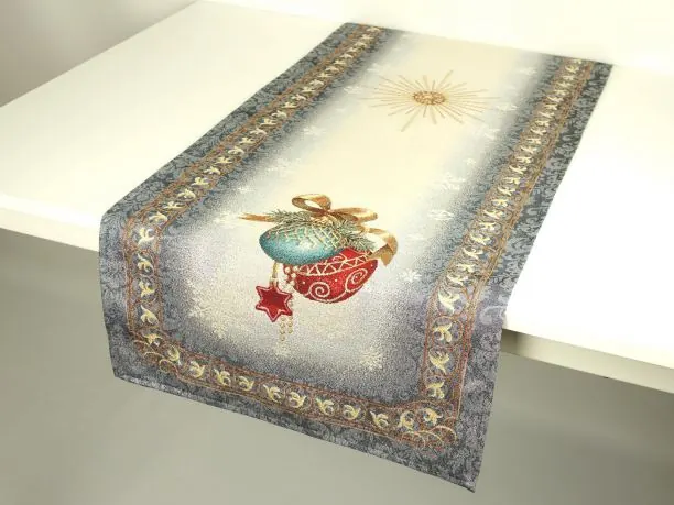 Bieżnik gobelinowy świąteczny 45x140 cm banieczki na granatowo srebrnym tle wz 203 SlodkieSny