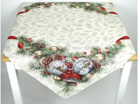 Bieżnik serweta gobelinowy świąteczny 100x100 cm bańki z kokardką wz 204 SlodkieSny