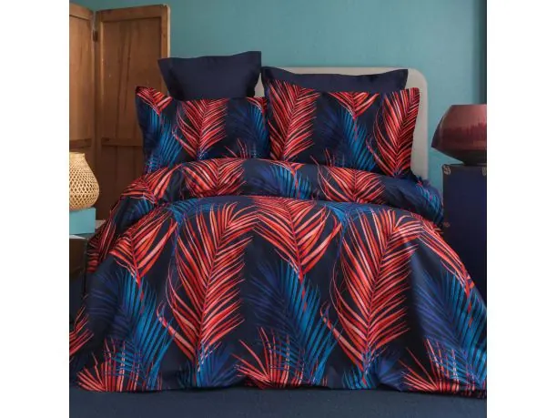 Pościel satynowa Love 140x200+1/70x80/ czerwono niebieskie liscie palmy 1519