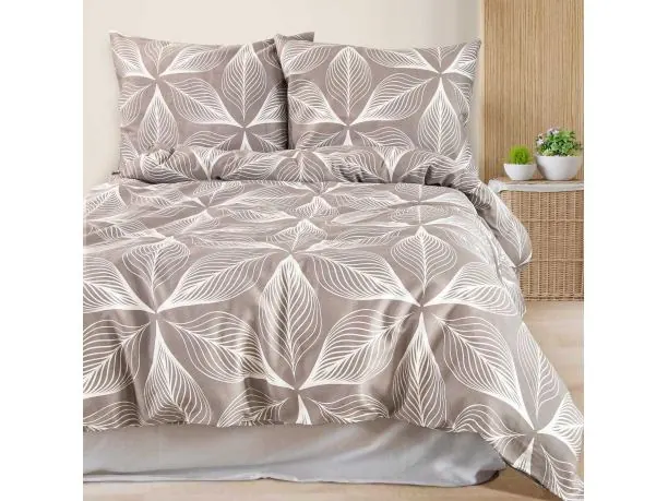 Pościel satynowa Love 140x200+1/70x80/ beżowa w białe liście 1520