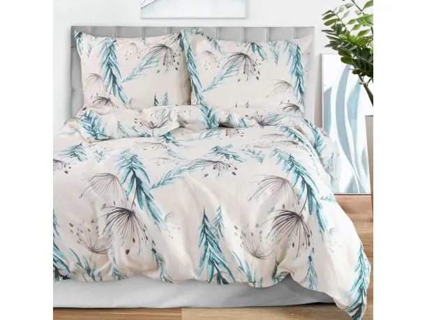 Pościel satynowa Love 140x200+1/70x80/ biała w turkusowe liście, kwiat kopru 1521