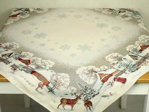 Obrus gobelinowy świąteczny 100x100 cm chatki, jeleń, sarenka zimą nr sw 287 SlodkieSny