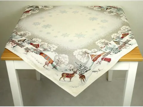 Obrus gobelinowy świąteczny 100x100 cm chatki, jeleń, sarenka zimą nr sw 287 SlodkieSny