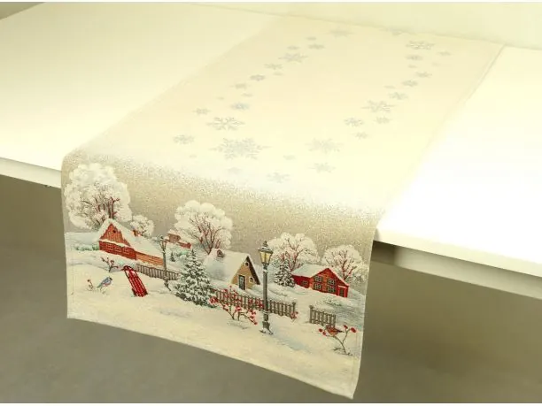 Bieżnik gobelinowy świąteczny 45x140 cm chatki, jeleń, sarenka zimą nr sw 287 SlodkieSny