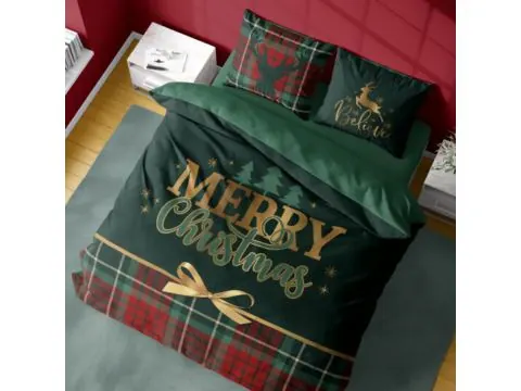 Pościel z bawełny świąteczna 220x200 Merry Christmas zielono czerwona Holland holenderska