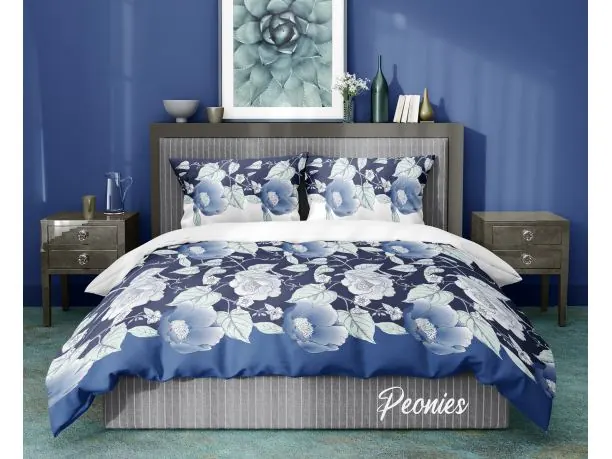 Pościel z bawełny 160x200 +2/70x80 niebieskie kwiaty Gold Collection peonies