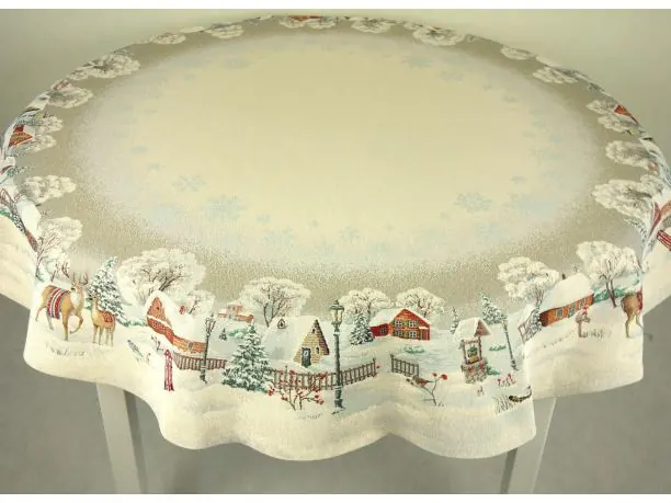 Obrus gobelinowy świąteczny śr. 140 cm święta chatki, jeleń, sarenka zimą nr sw 287 SlodkieSny okrągły