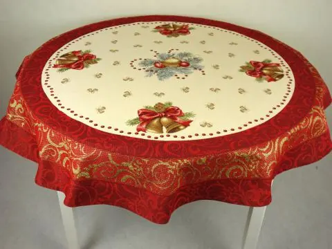 Obrus gobelinowy świąteczny śr. 140 cm dzwoneczki, bańki nr sw 219 SlodkieSny okrągły