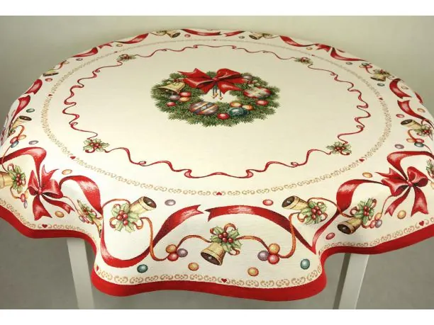 Obrus gobelinowy świąteczny śr. 140 cm stroik kokardka nr sw 202 SlodkieSny okrągły