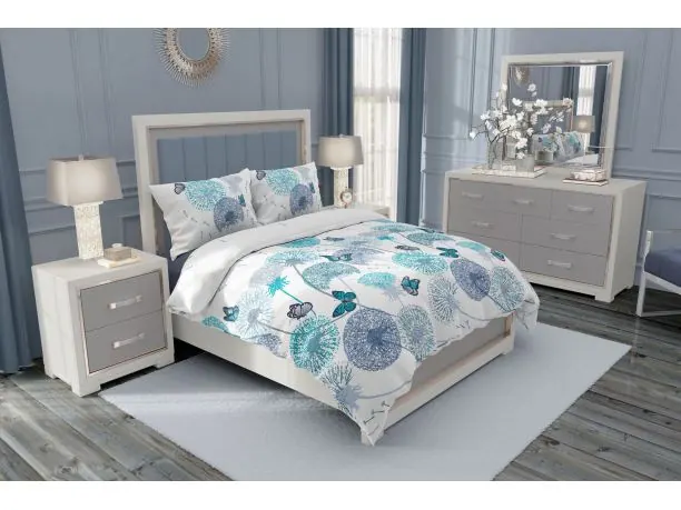 Pościel z bawełny 140x200 +1/70x80 Wind turkusowe motylki, dmuchawce Gold Collection