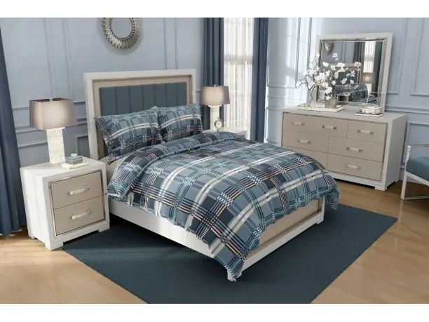Pościel z bawełny 220x200 +2/70x80 Madras niebieska krata Gold Collection