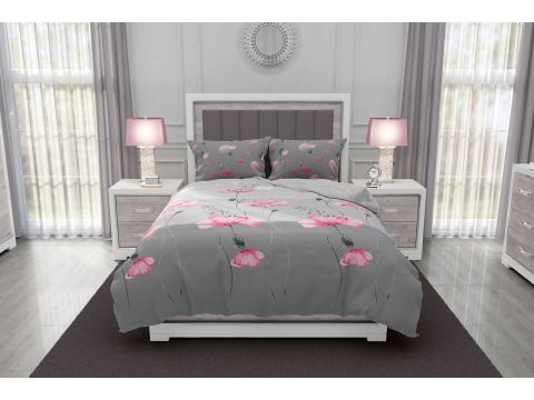Pościel satynowa 220x200+2/70x80 Poppy Silver collection różowe kwiaty