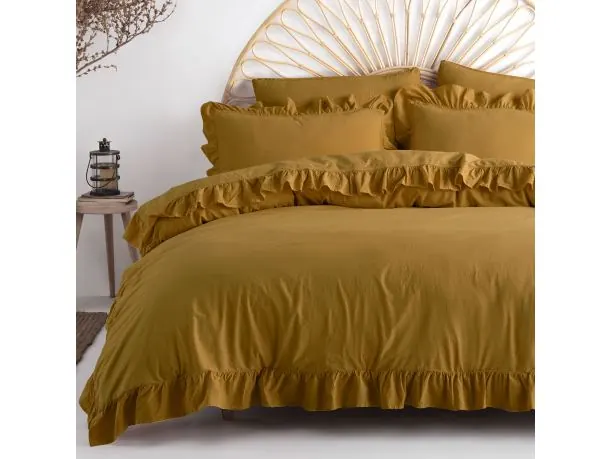 Pościel z bawełny 160x200+2/70x80 z falbanką Ecru olivie Limasso w pudełku bez prasowania Exclusive