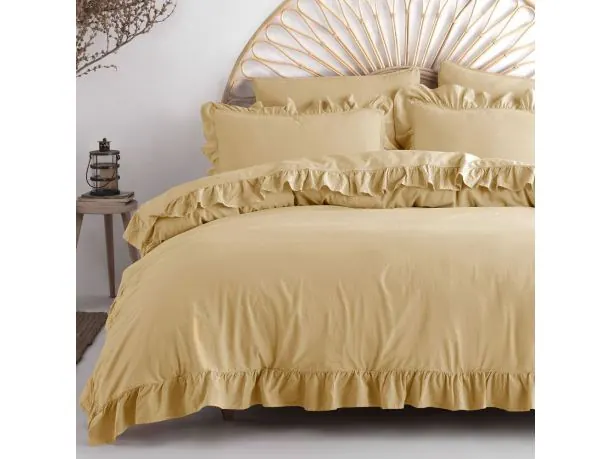 Pościel z bawełny 220x200+2/70x80 z falbanką Soybean Limasso w pudełku bez prasowania Exclusive kremowa