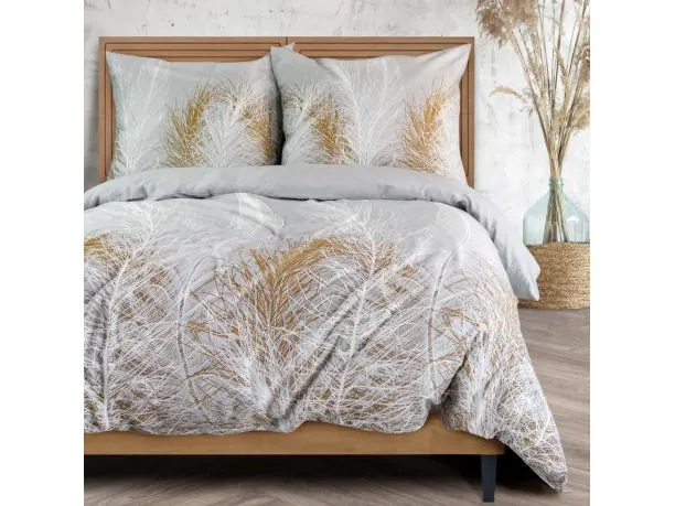 Pościel satynowa Love 160x200+2/70x80/ biało złote liście na szarym tle