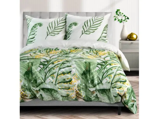 Pościel satynowa 180x200+2/70x80/ Love zielone liście