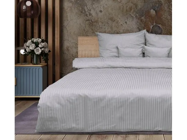 Pościel 220x200 +2/70x80 adamaszkowa jasnoszara pasek 1 cm matex adamaszek