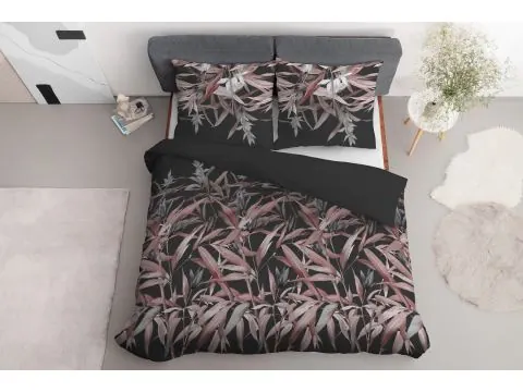 Pościel satynowa 160x200+2/70x80/ liście trawy na czarnym tle bawolia wz 4922 b detexpol
