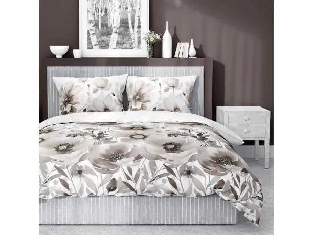 Pościel satynowa 160x200+2/70x80/ beżowe kwiaty wz 4923 b detexpol