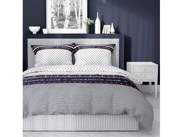 Pościel satynowa 220x200 +2/70x80/ oceanside club wz 4920 a biało granatowa detexpol