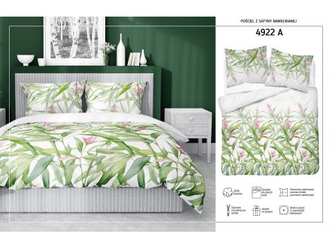 Pościel satynowa 220x200+2/70x80/ liście trawy bawolia  wz 4922 a detexpol