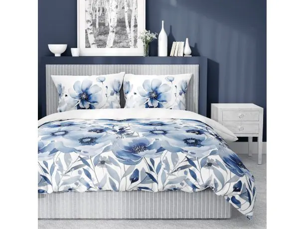 Pościel satynowa 220x200+2/70x80/ niebieskie kwiaty wz 4923 a detexpol