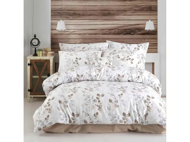 Pościel satynowa Love 140x200+1/70x80 brązowe listki na białym tle 1537