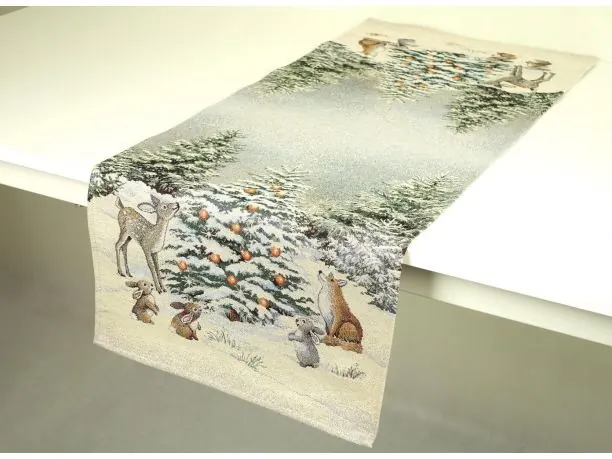 Bieżnik gobelinowy świąteczny 40x100 cm sarenki, zajączki zimą wz 299 SlodkieSny srebrna nitka