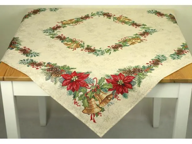 Obrus gobelinowy świąteczny 100x100 cm stroik, dzwoneczki wz 296 SlodkieSny srebrna nitka