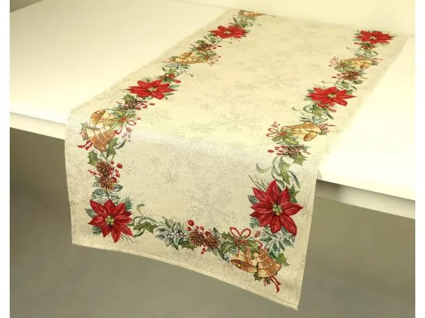 Bieżnik gobelinowy świąteczny 45x140 cm stroik, dzwoneczki wz 296 SlodkieSny srebrna nitka