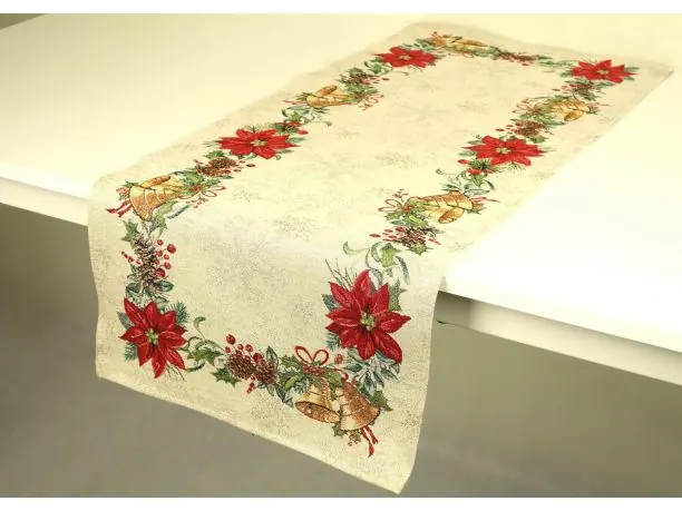 Bieżnik gobelinowy świąteczny 40x100 cm stroik, dzwoneczki wz 296 SlodkieSny srebrna nitka