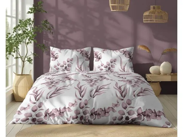 Pościel z bawełny 160x200 +2/70x80 pudrowe listki na białym tle wz. 5107 b