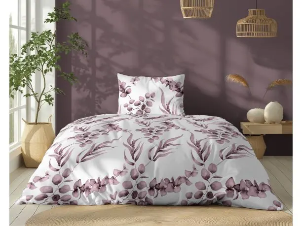 Pościel z bawełny 140x200 +1/70x80 pudrowe listki na białym tle wz. 5107 b