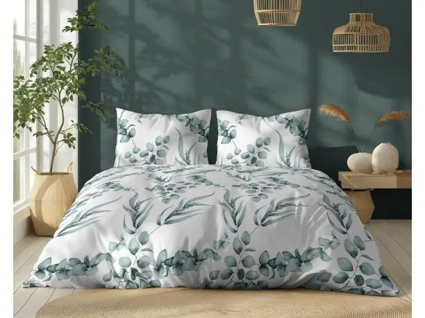 Pościel z bawełny 220x200 +2/70x80 zielone listki na białym tle wz. 5107 a