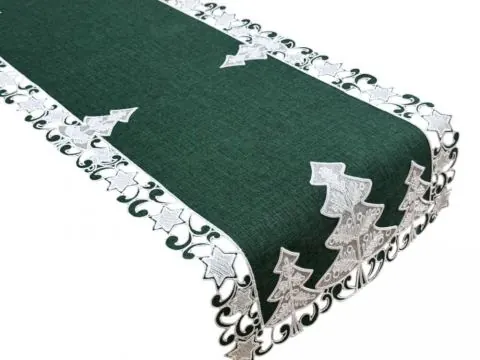 Bieżnik świąteczny 40x174 cm zielony ze srebrnymi choinkami – Boże Narodzenie