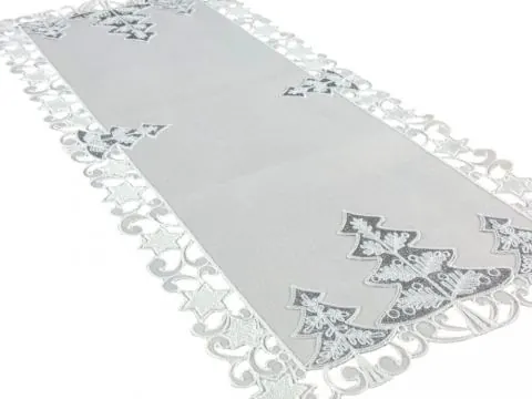 Biały bieżnik świąteczny ze srebrnymi choinkami 40x85 cm – elegancka dekoracja stołu na Boże Narodzenie
