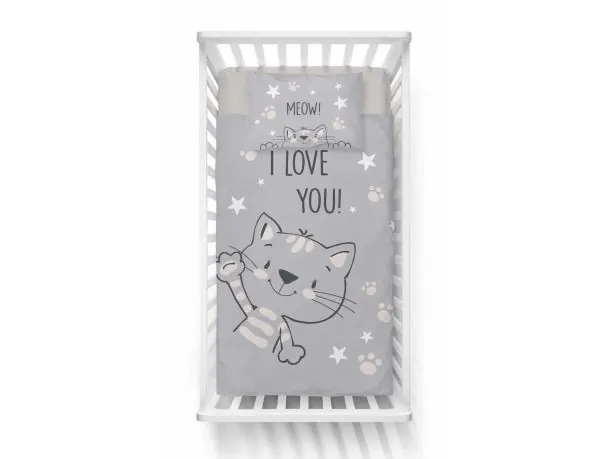 Pościel z bawełny 100x135 + 40x60 kochana kicia dla dzieci do łóżeczka 4992 b szara