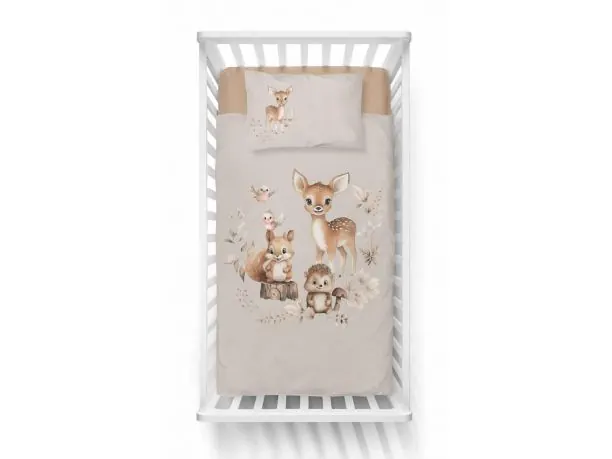 Pościel z bawełny 90x120 + 40x60 leśna przygoda na beżowym tle dla dzieci do łóżeczka 4996 b